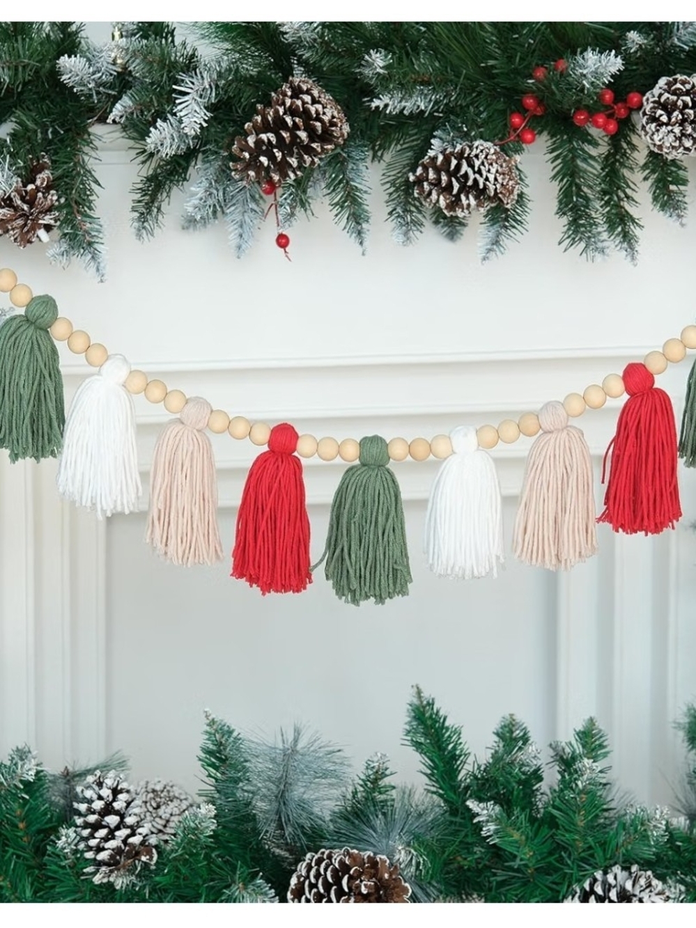Festive Red, Green & White Tassel Garland - Home Holiday Decor